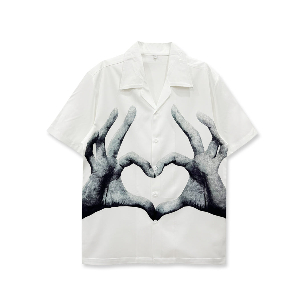 Monochrome handprint graphic camp collar shirt bold street art realism relaxed regular fit streetwear