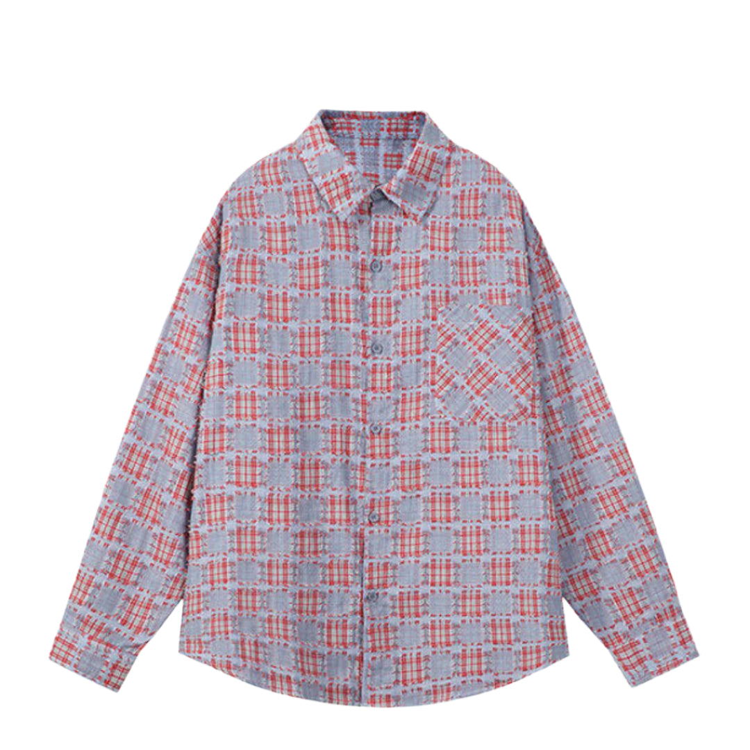 Oversized plaid knit overshirt in soft cotton-polyester blend with turn-down collar and button front