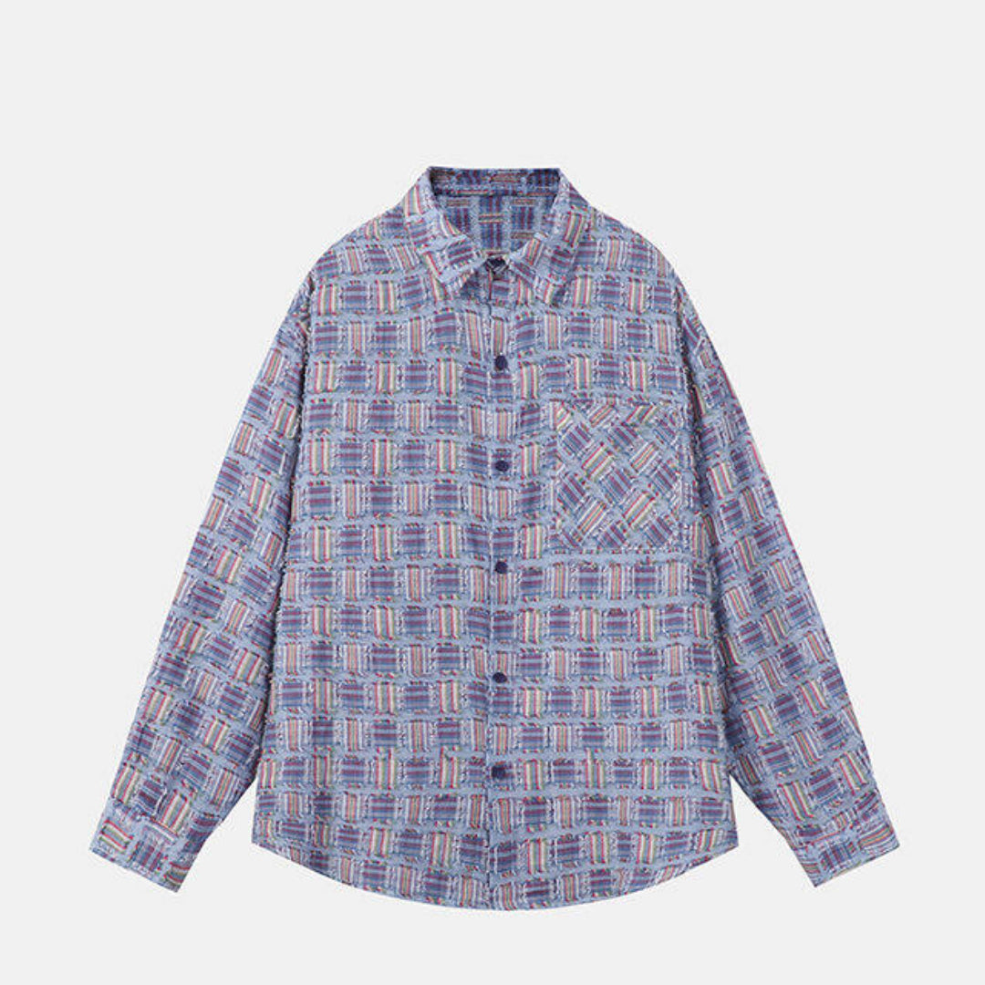 Oversized plaid knit overshirt in soft cotton-polyester blend with turn-down collar and button front
