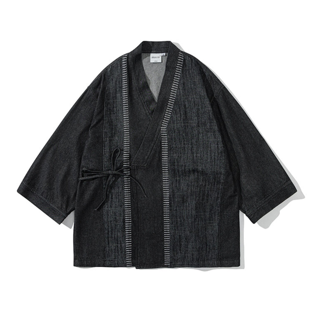 Women's blue denim kimono shirt with V-neck, relaxed silhouette, and Japanese embroidery details