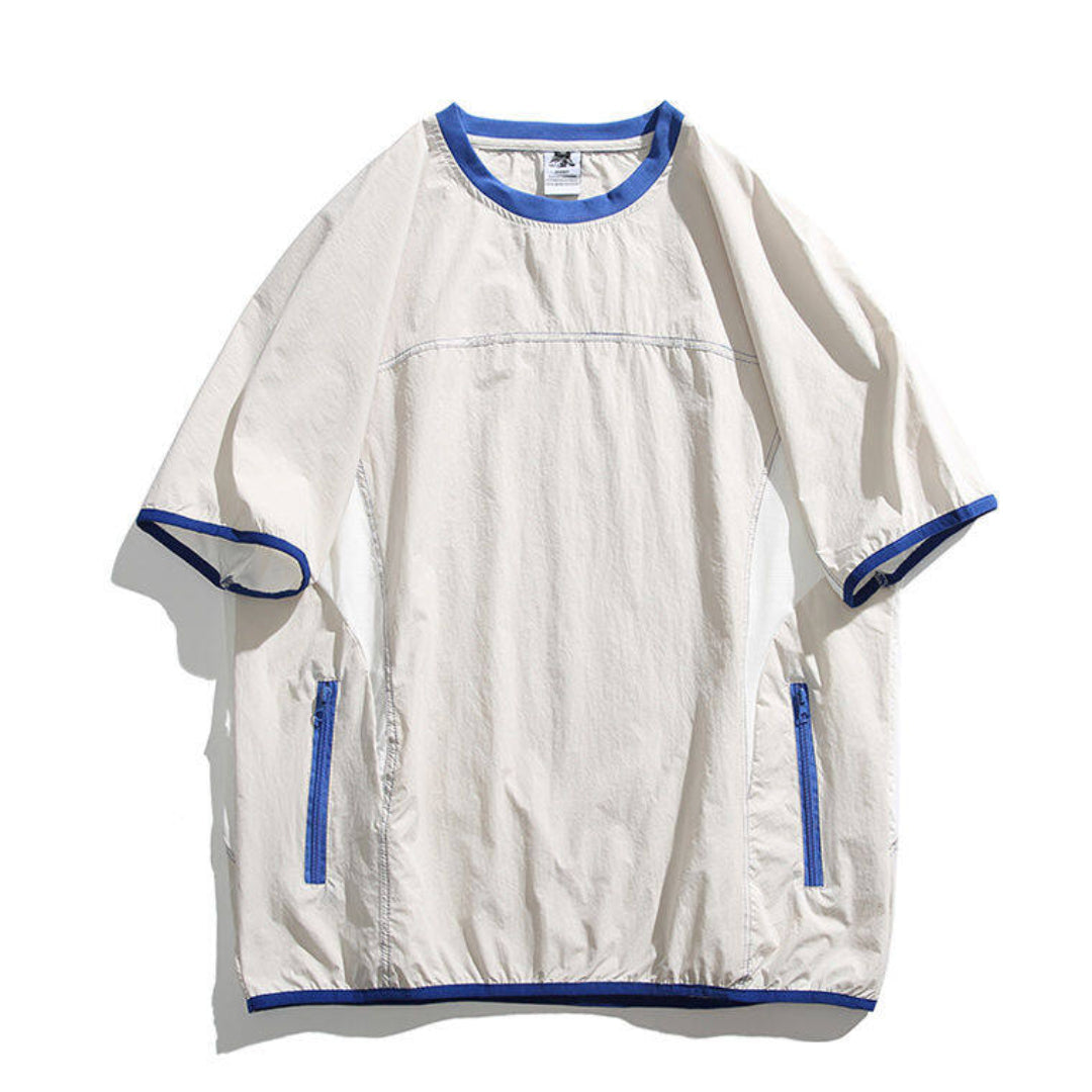 Men's plaid tech t-shirt regular fit quick-dry polyester with zipper pocket and turn-down collar
