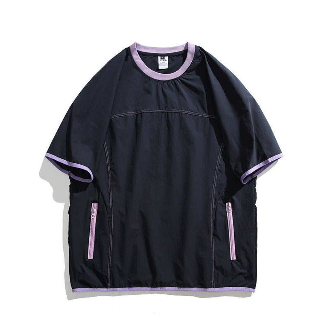 Men's plaid polyester performance tee regular fit turn-down collar quick-dry zipper pocket