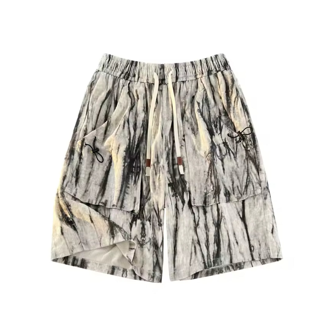 Marble tie-dye corduroy shorts unisex relaxed fit elastic drawstring waist multicolor casual streetwear