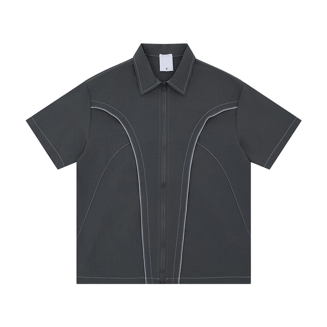 Oversized black gray striped patchwork cotton shirt relaxed streetwear silhouette bold colorblock design