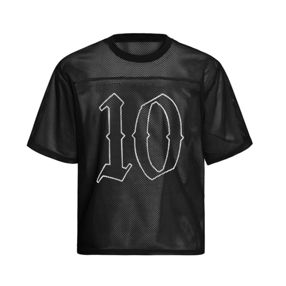 Black oversized cropped football mesh jersey with bold double-sided "10" graphic print
