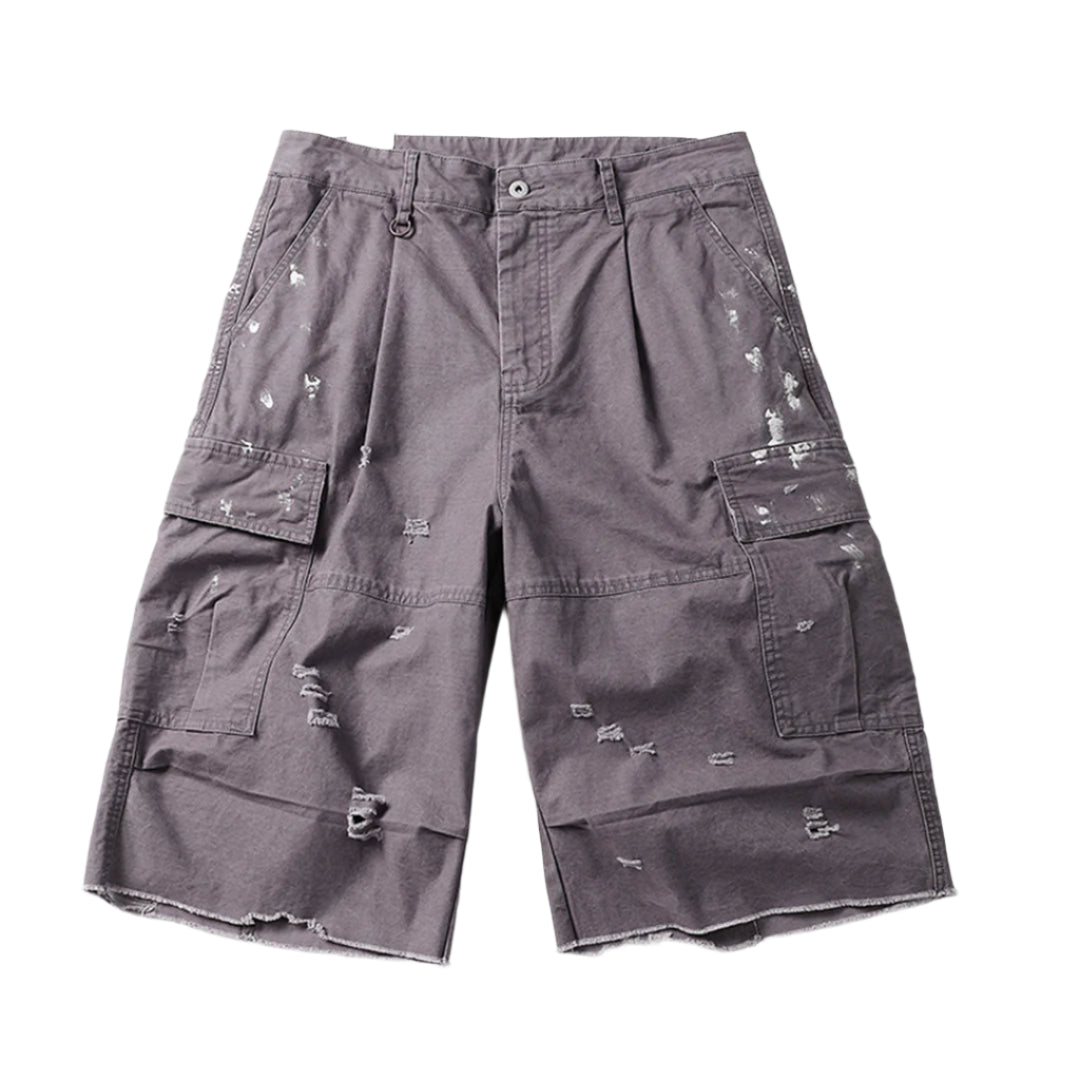 Men's oversized cargo shorts distressed frayed hem raw edge multi-pocket rugged streetwear cotton
