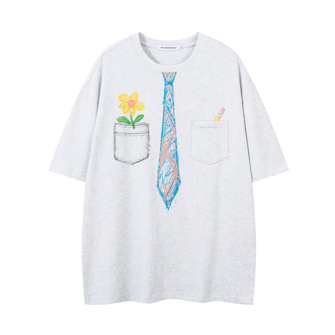 Kids white loose fit cotton graphic tee with colorful crayon-inspired sketch print and round neck
