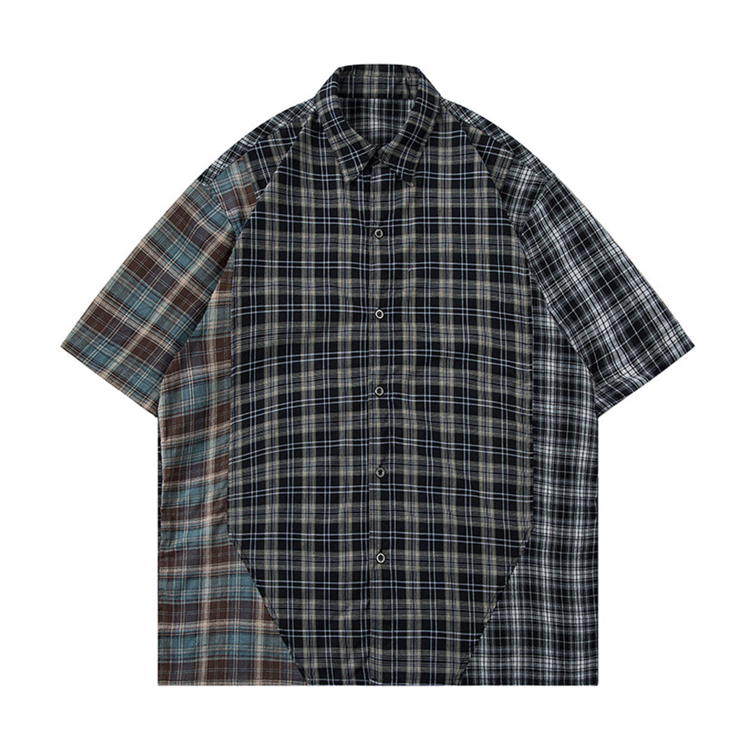 Men's relaxed cotton color block patchwork plaid shirt with vintage-inspired textured panels for summer