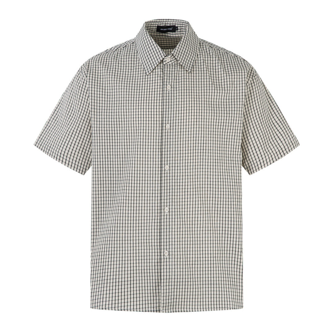 White cotton short-sleeve check shirt with turn-down collar and structured regular fit for urban style