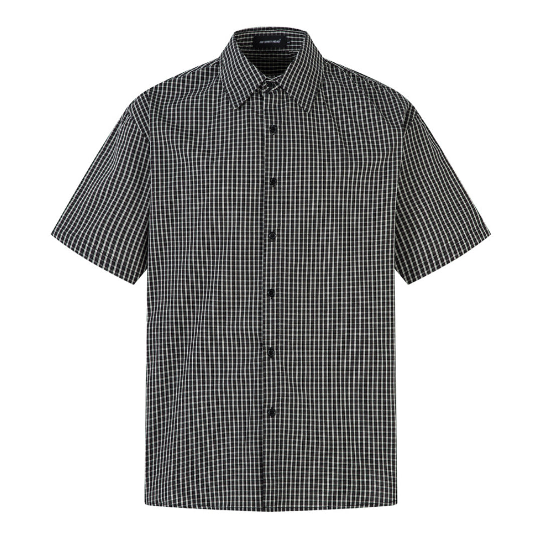 White cotton short-sleeve check print shirt, regular fit with turn-down collar for urban professionals
