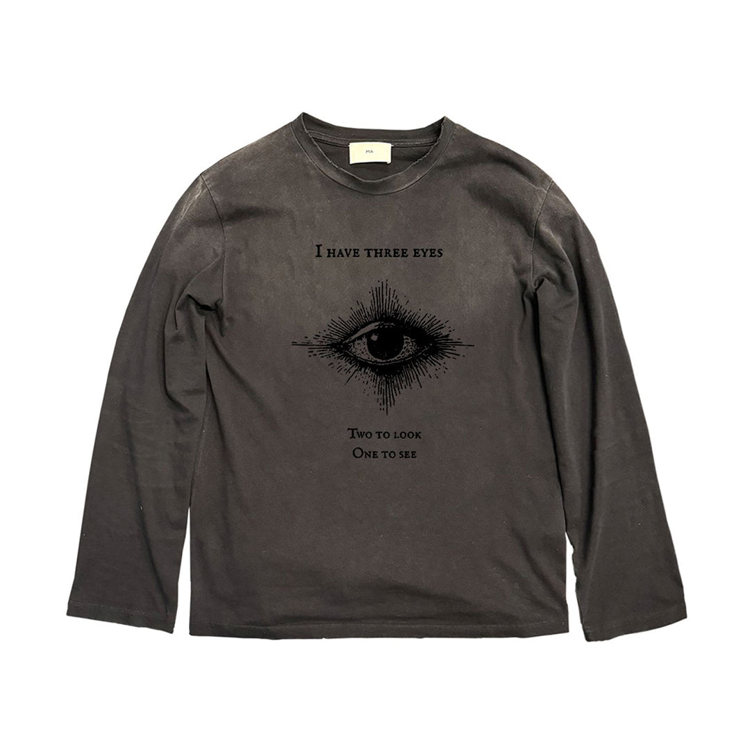 White cotton loose fit long sleeve shirt bold third eye graphic print O-neck streetwear for art lovers