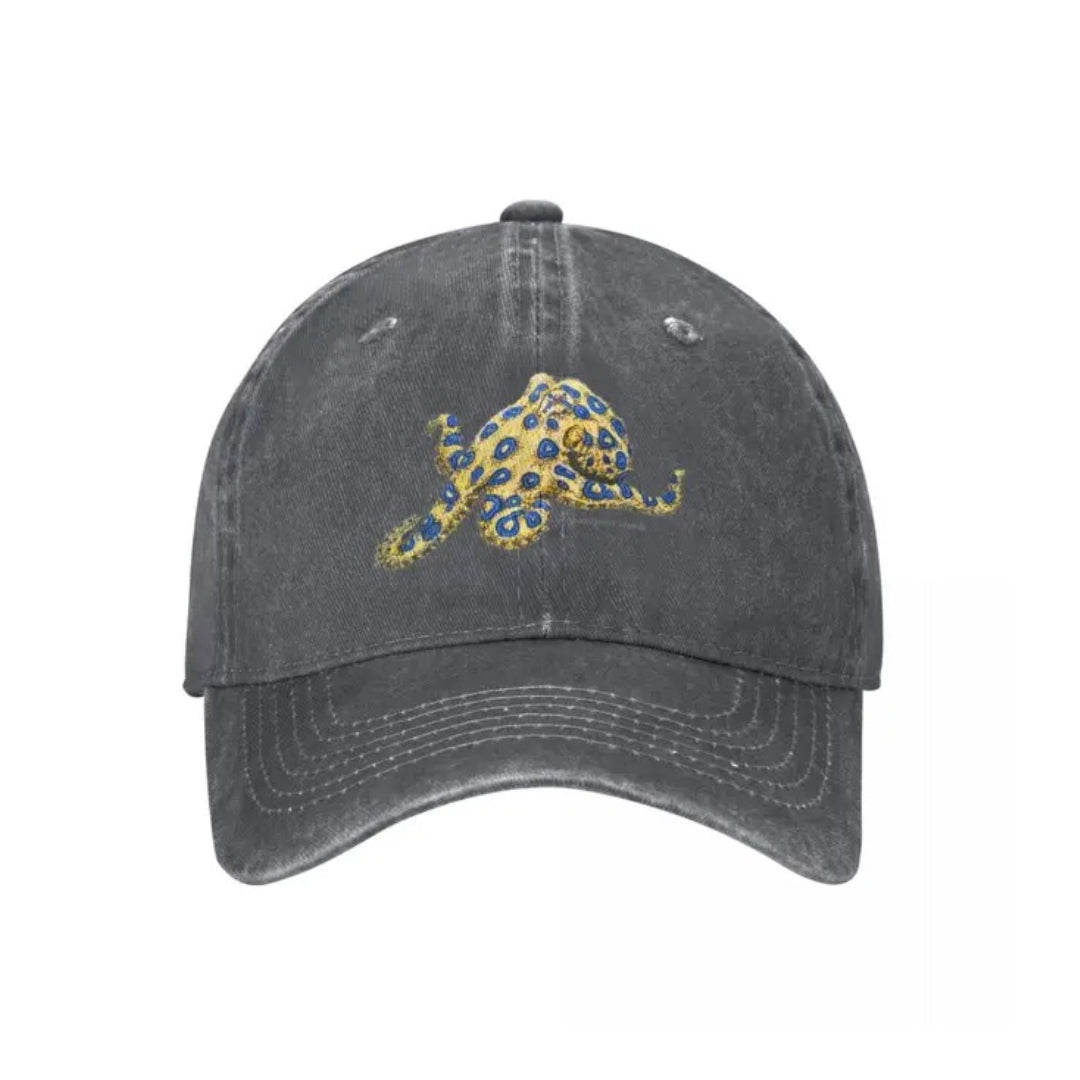 Vintage denim adjustable cotton cap with blue ringed octopus embroidery, ocean-inspired casual hat