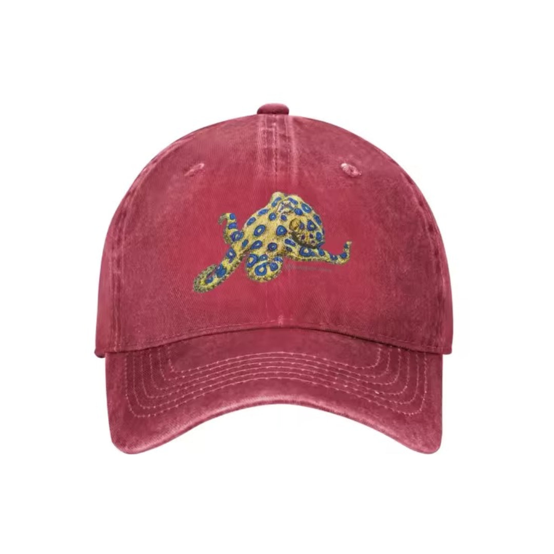 Vintage denim adjustable cap with blue ringed octopus embroidery, 100% cotton washed denim ocean design