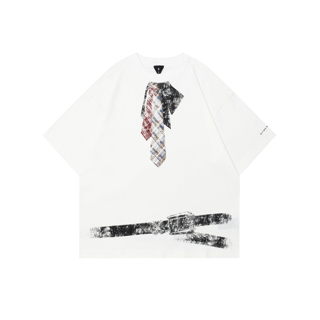 Black graphic tee drop-shoulder relaxed fit distressed necktie belt front print streetwear cotton blend
