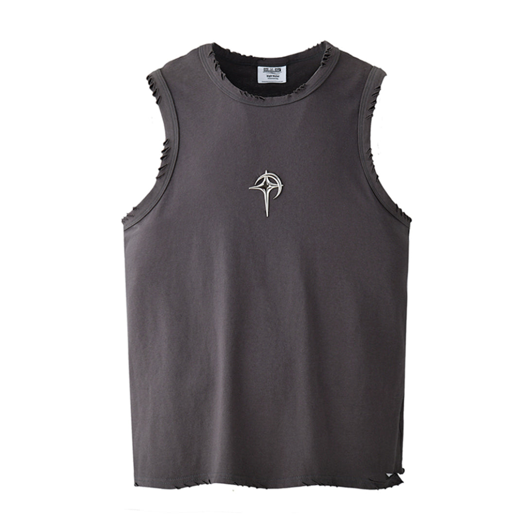White unisex sleeveless tank top in premium cotton with artisanal distressing and chrome star branding