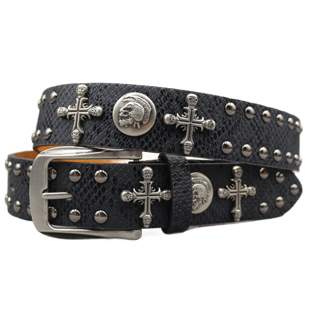 Black vegan leather studded belt with metal skull and cross studs for an edgy style