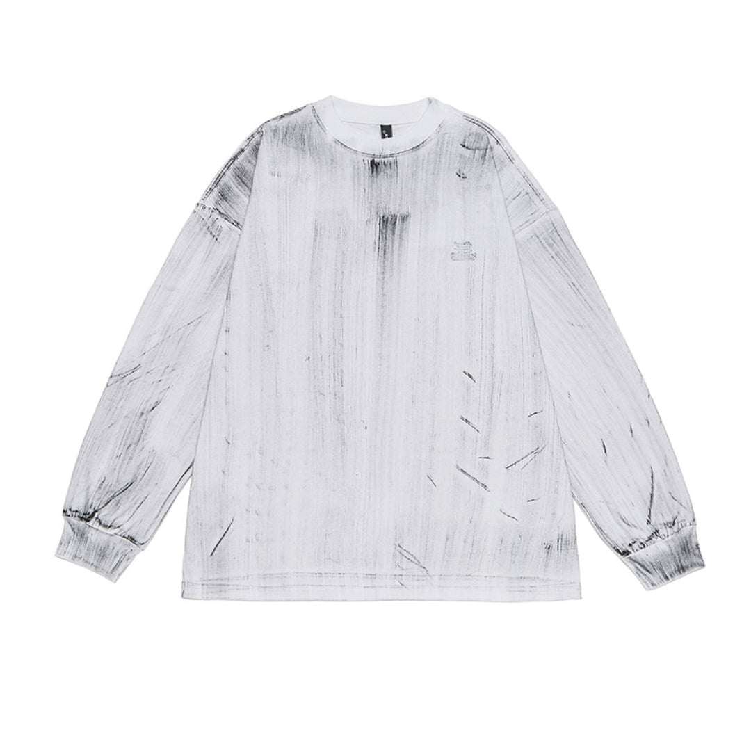 Unisex white long sleeve t-shirt relaxed fit crew neck with minimalist canvas streak graphic print