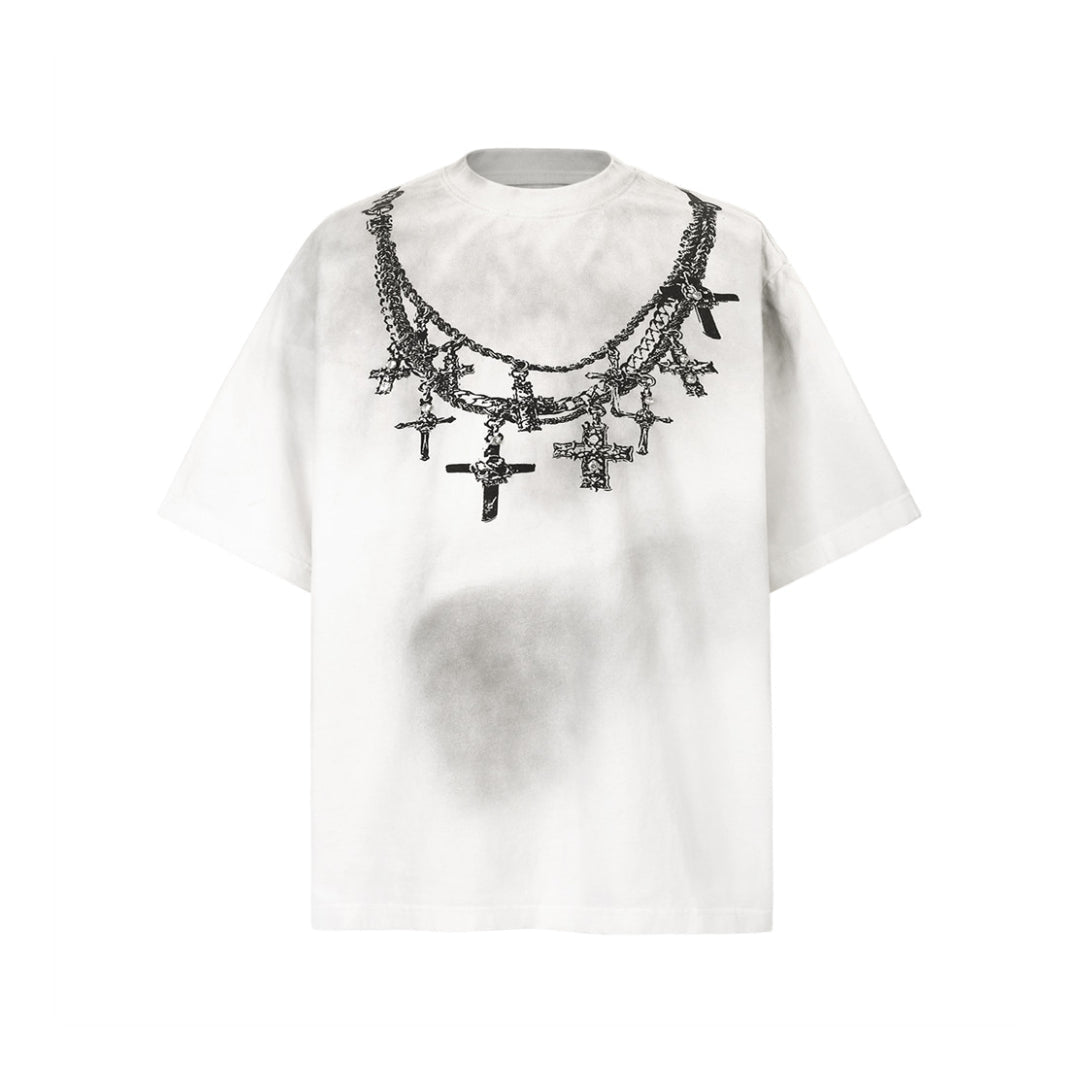 White oversized unisex cotton tee with bold chain necklace print, lightweight breathable summer essential
