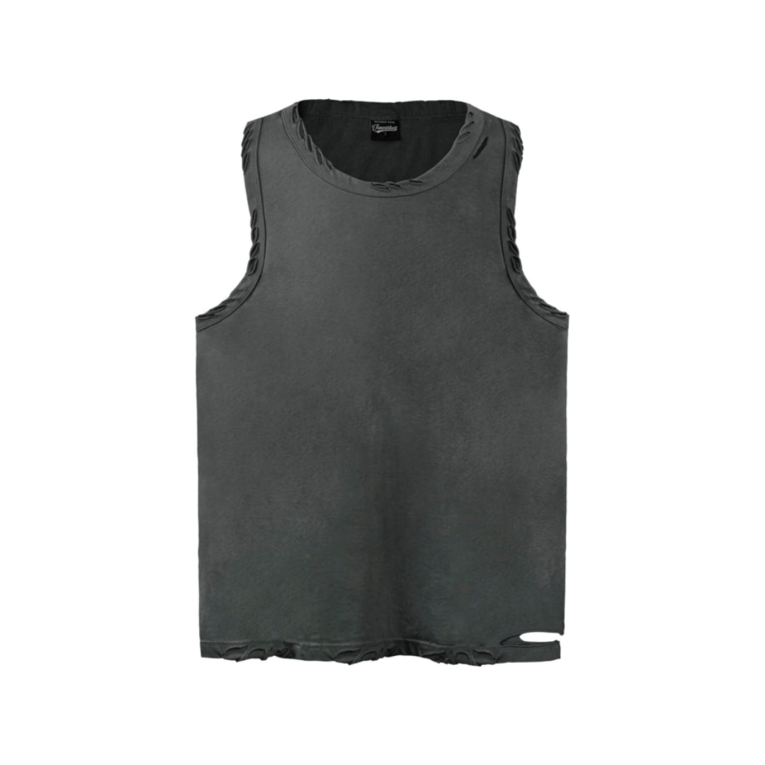 Distressed black cotton grunge tank top with ripped hem and vintage torched finish for edgy casual style
