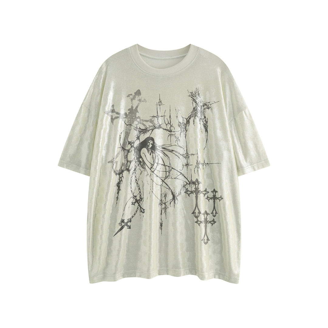 Black oversized gothic punk graphic tee for women with bold statement print and loose fit