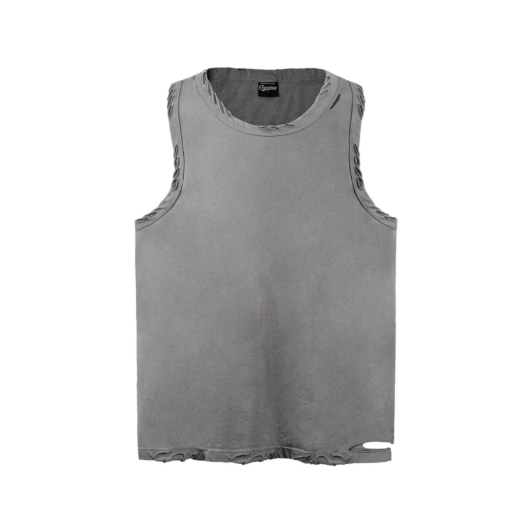 Distressed black grunge tank top in breathable cotton with ripped hem and vintage torched finish