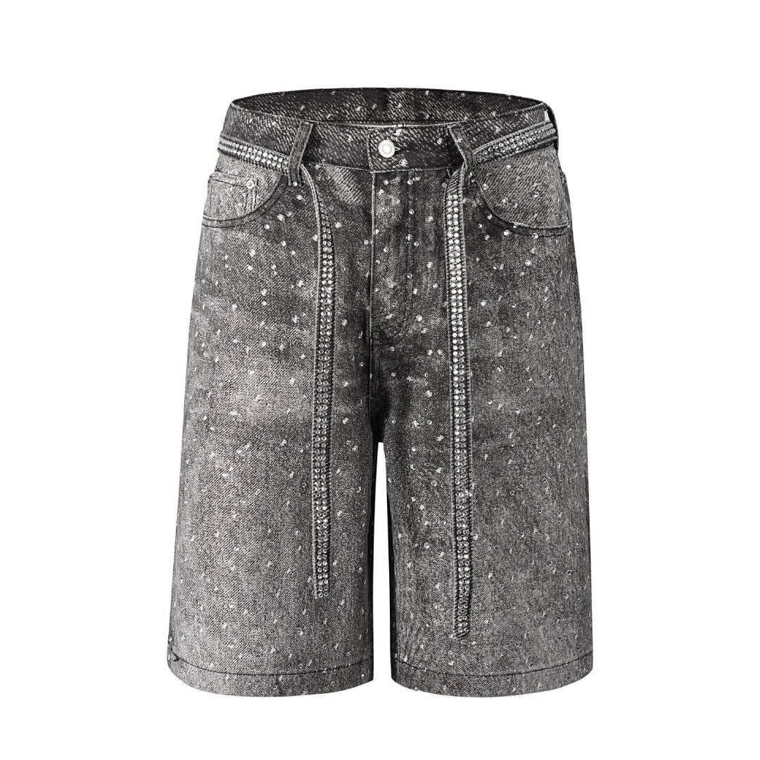 Women's loose distressed denim shorts with rhinestone embellishments, belt included, knee length