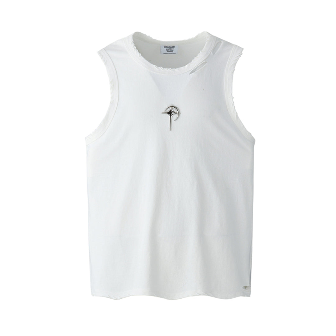 White unisex sleeveless tank top premium cotton artisanal distressing minimalist chrome star branding