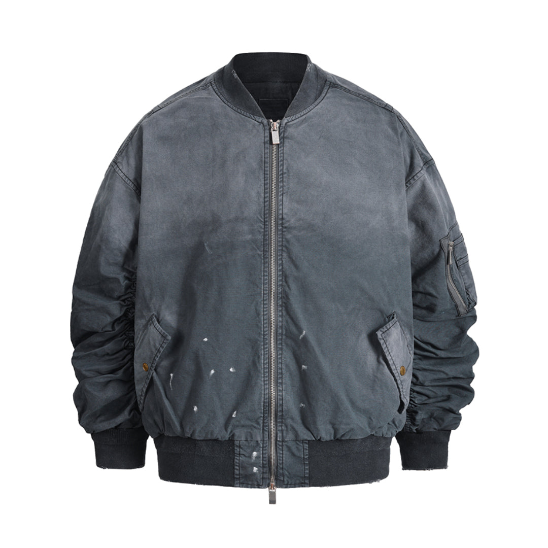 Men's distressed bomber jacket faded heritage wash loose fit ribbed cuffs utility pockets rugged cotton outerwear