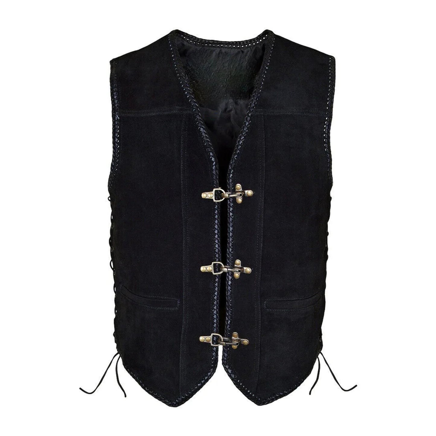 Black vegan leather vest with braided trims, antique brass buckles, and adjustable side lacing for men