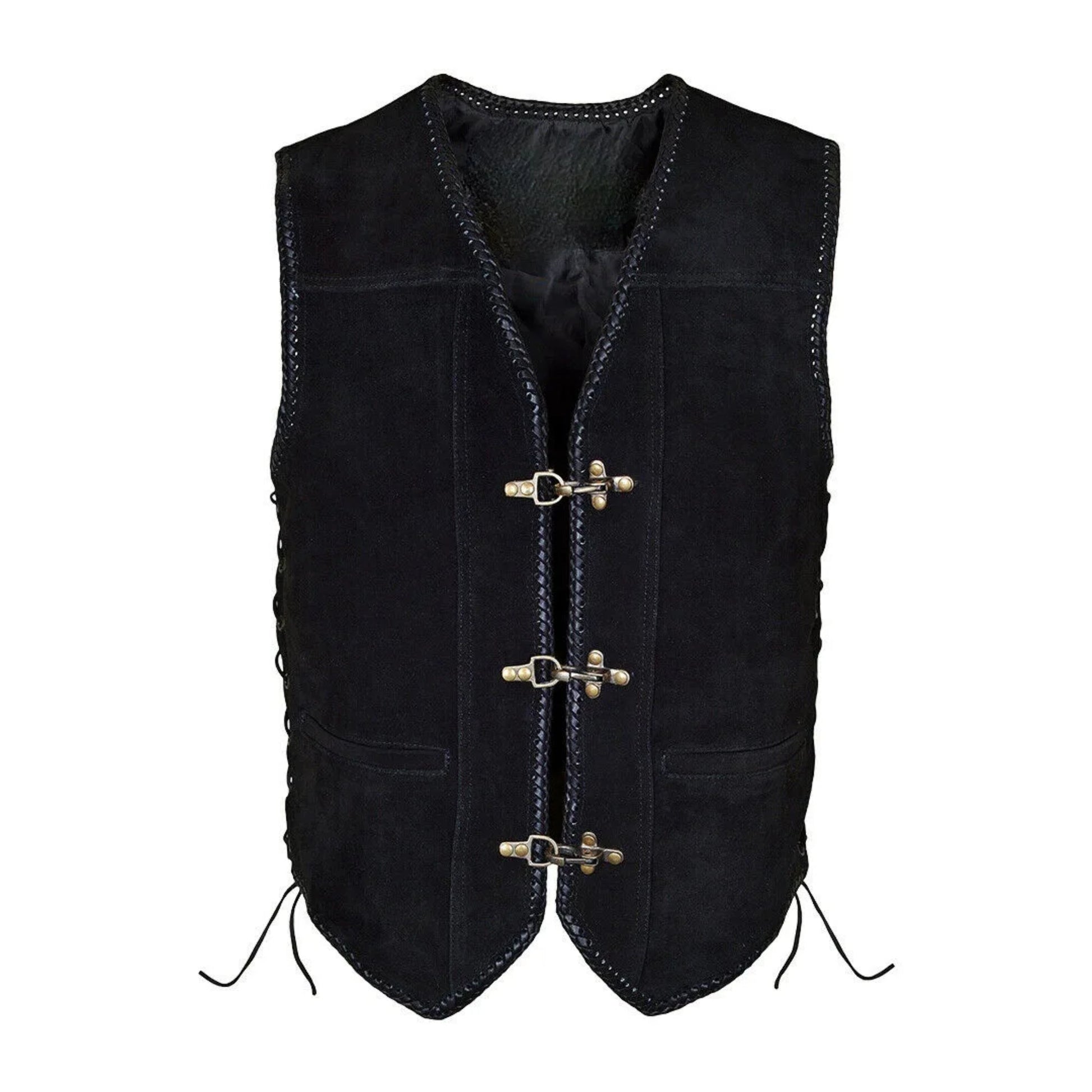 Black vegan leather vest with braided trims, antique brass buckles, and adjustable side lacing for men