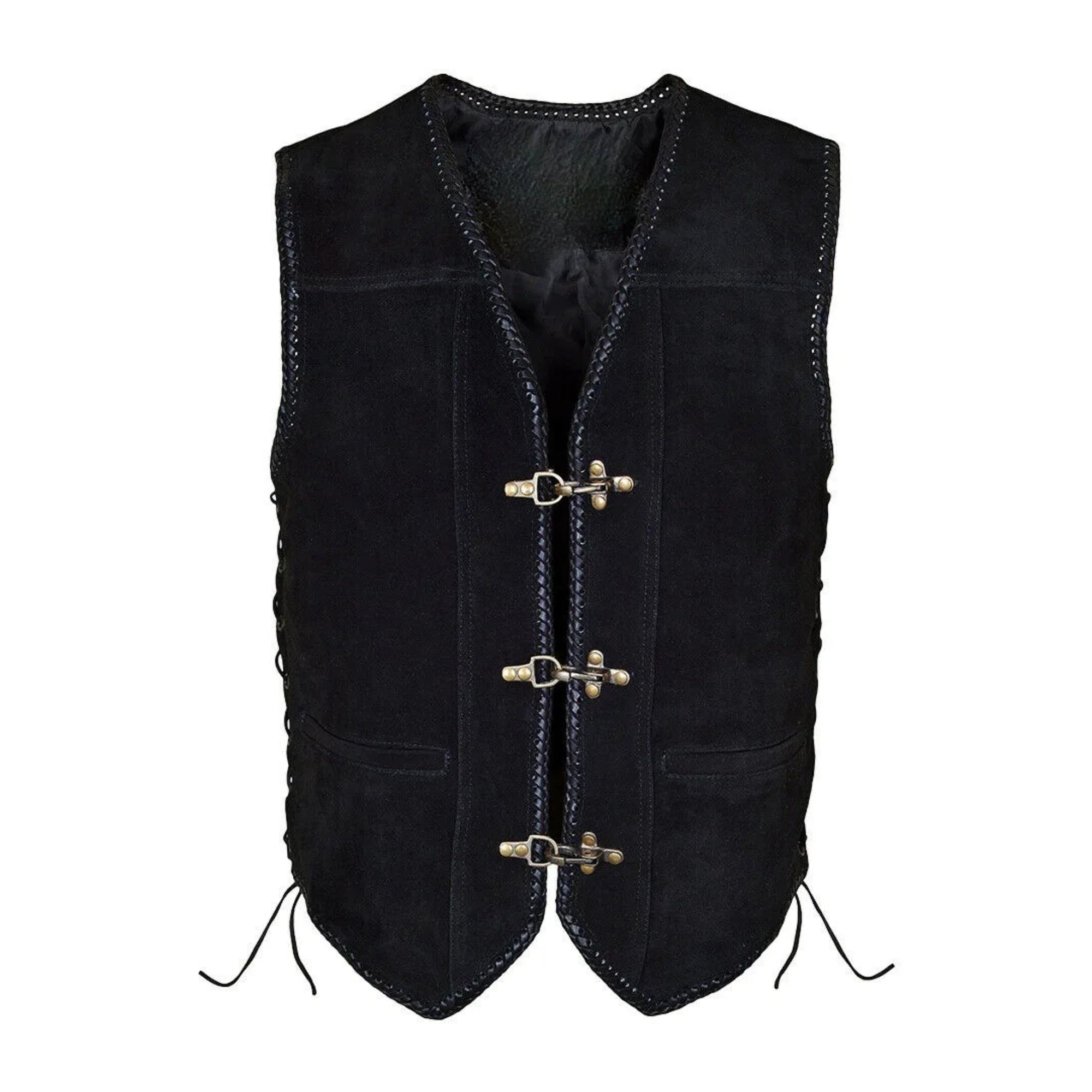 Black vegan leather vest with braided trims, antique brass buckles, and adjustable side lacing for men