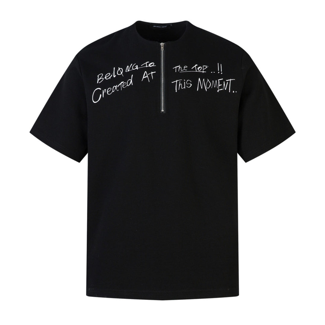 Unisex white cotton blend half-zip t-shirt with bold letter print and casual short sleeve cut