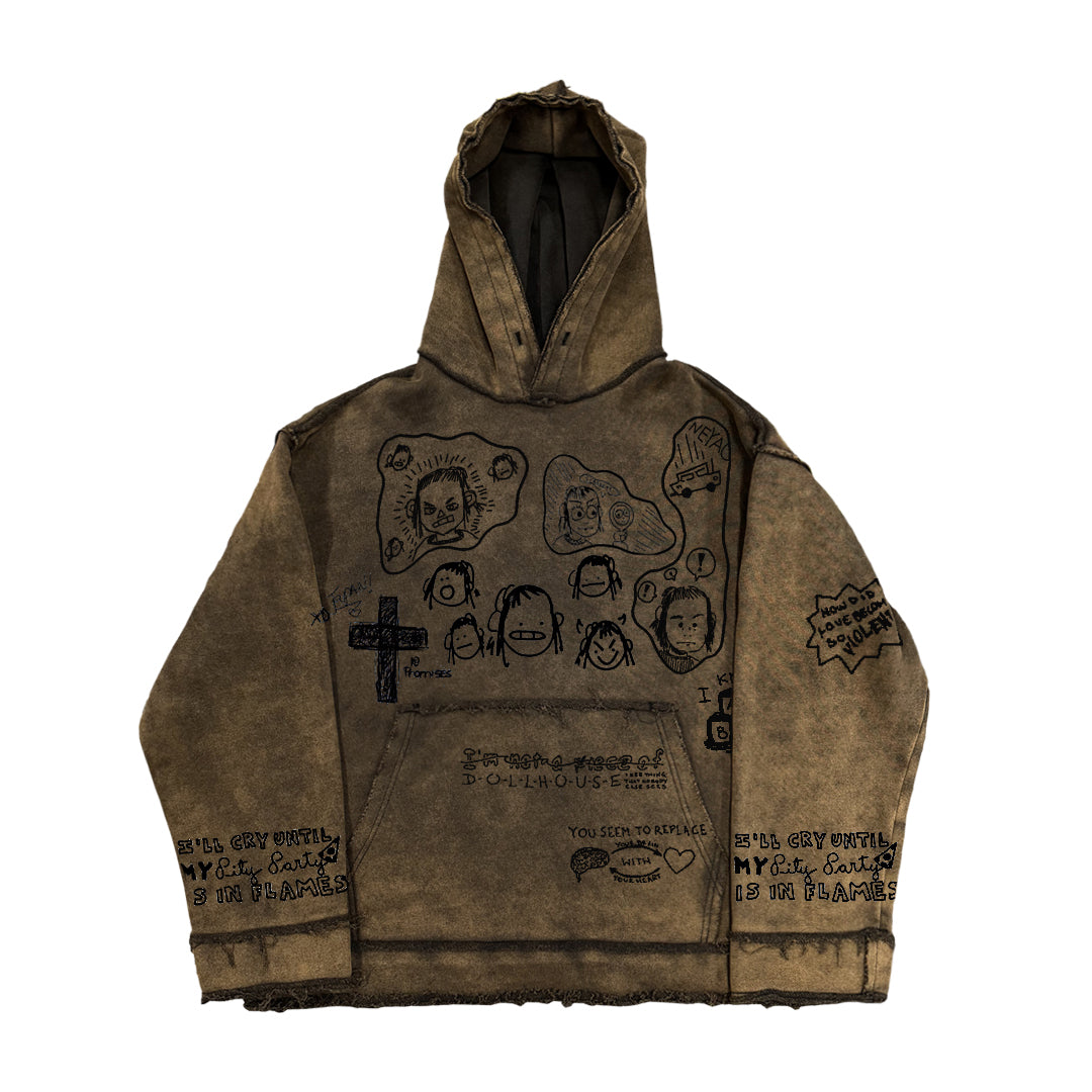 Black oversized pullover hoodie with hand-sketched classroom graffiti art and scUrbann-Vibed streetwear print