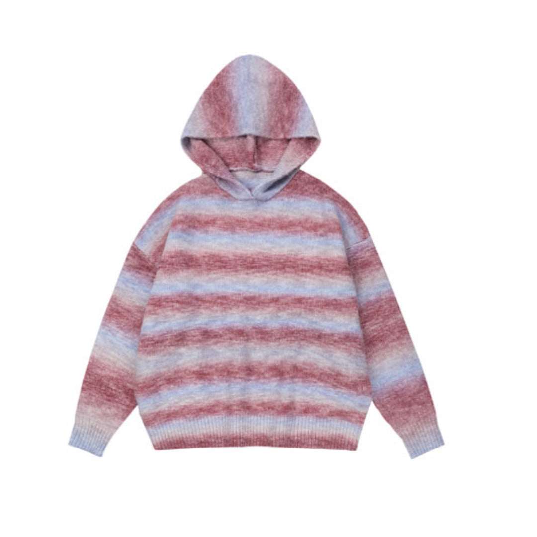Spectrum knitted hoodie with gradient stripes, oversized hood, casual streetwear style in multicolor