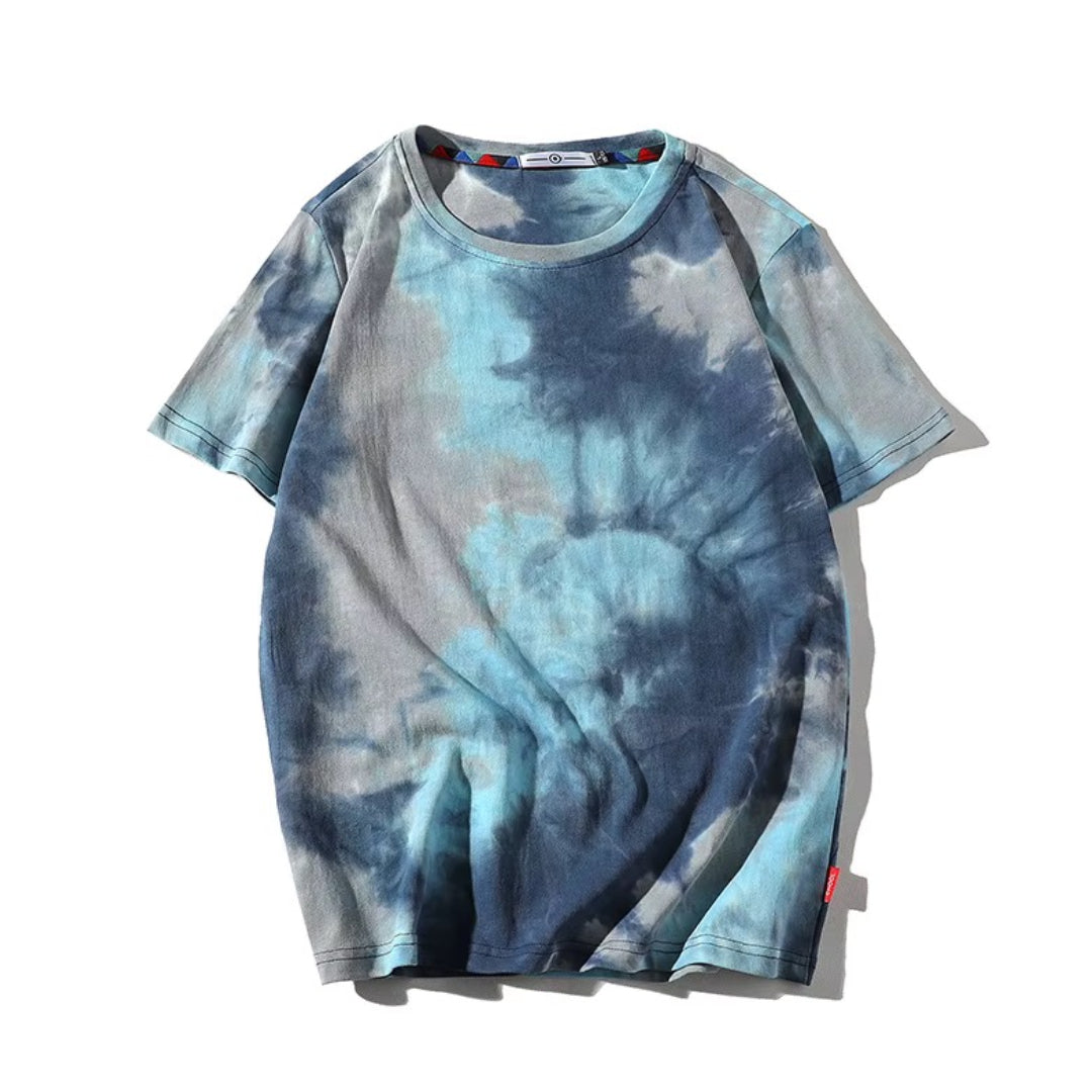 Muted tie-dye gradient cotton tee, relaxed fit with vintage-inspired artisanal wash