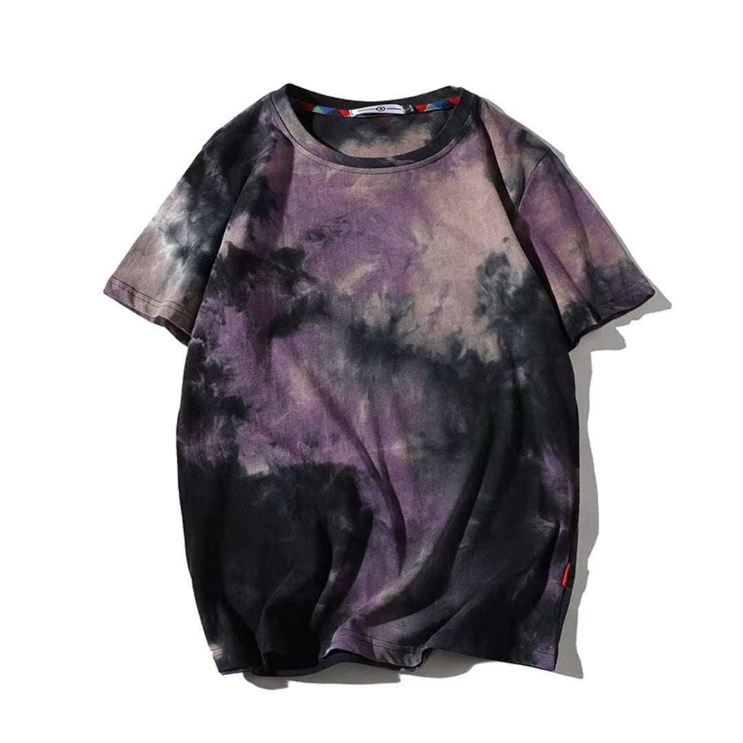 Muted tie-dye gradient cotton tee with relaxed fit and vintage-inspired artisanal wash