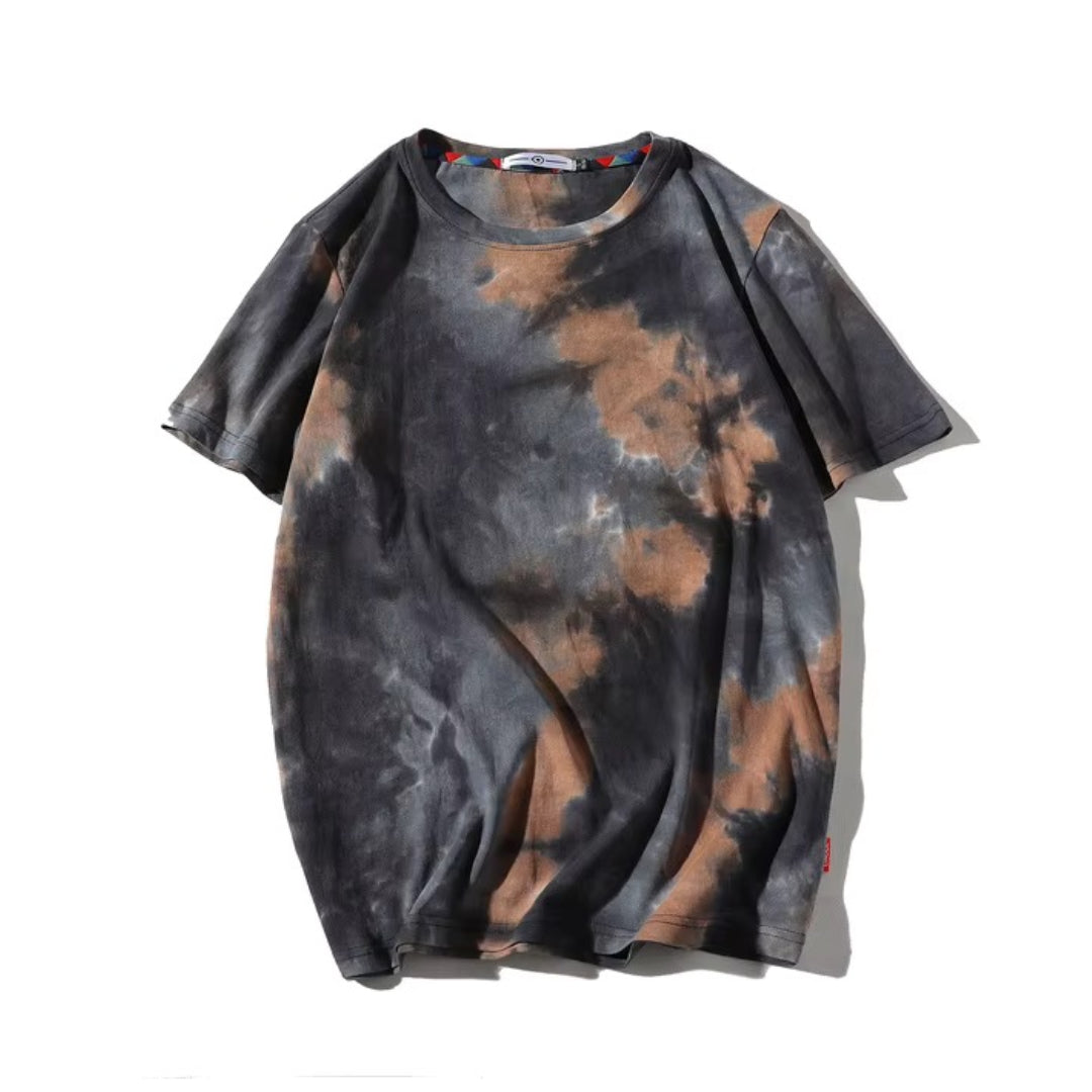 Muted tie-dye gradient cotton tee, relaxed fit with vintage-inspired artisanal dye wash