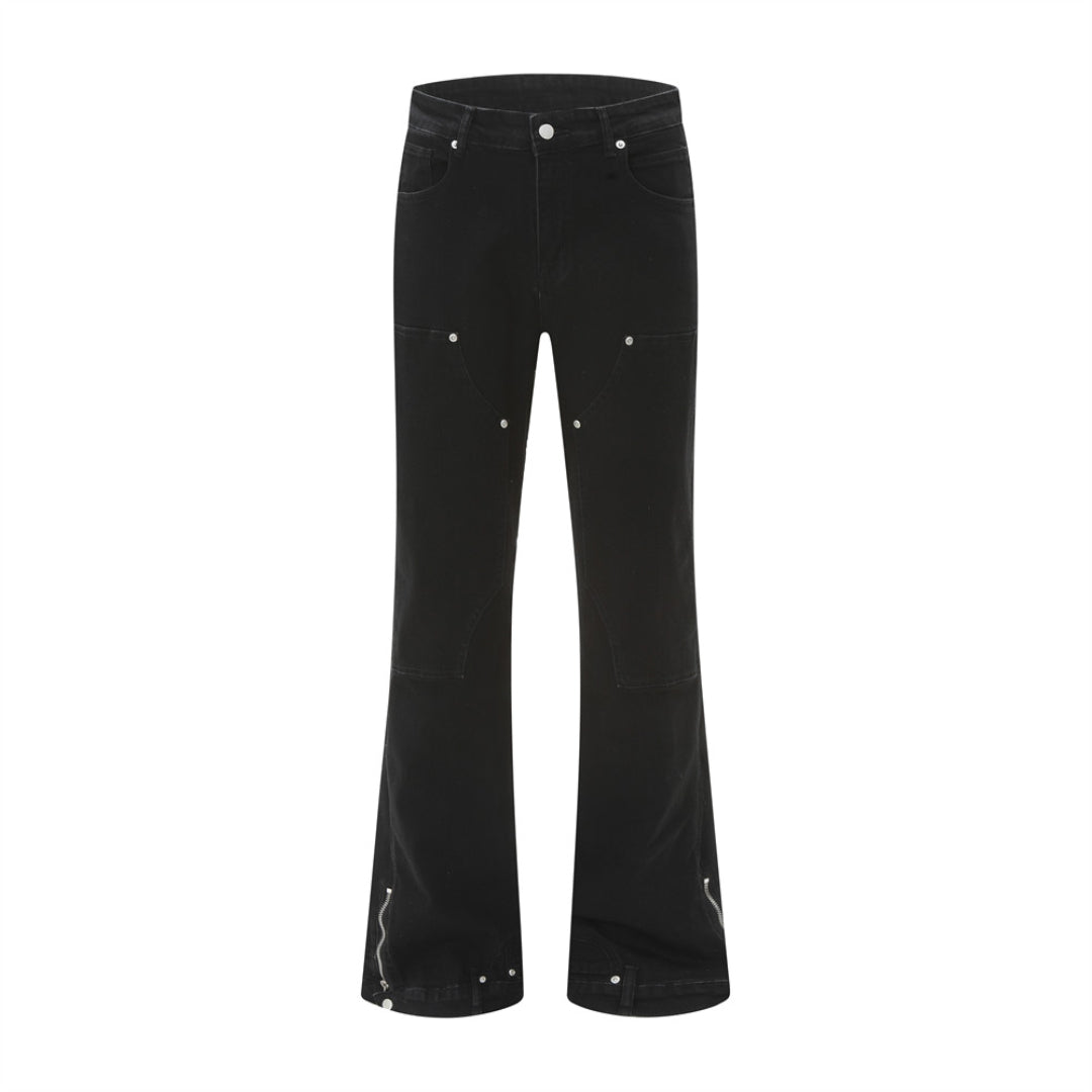 Blue flared denim jeans for women with bold upside-down hem pockets for trendsetting style