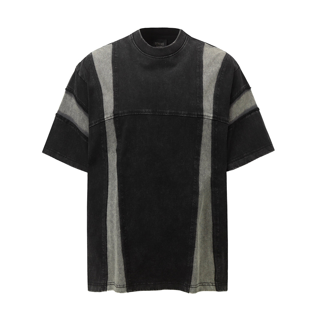 Brick red black color-block stripe tee relaxed fit mock neck vintage distressed wash cotton streetwear