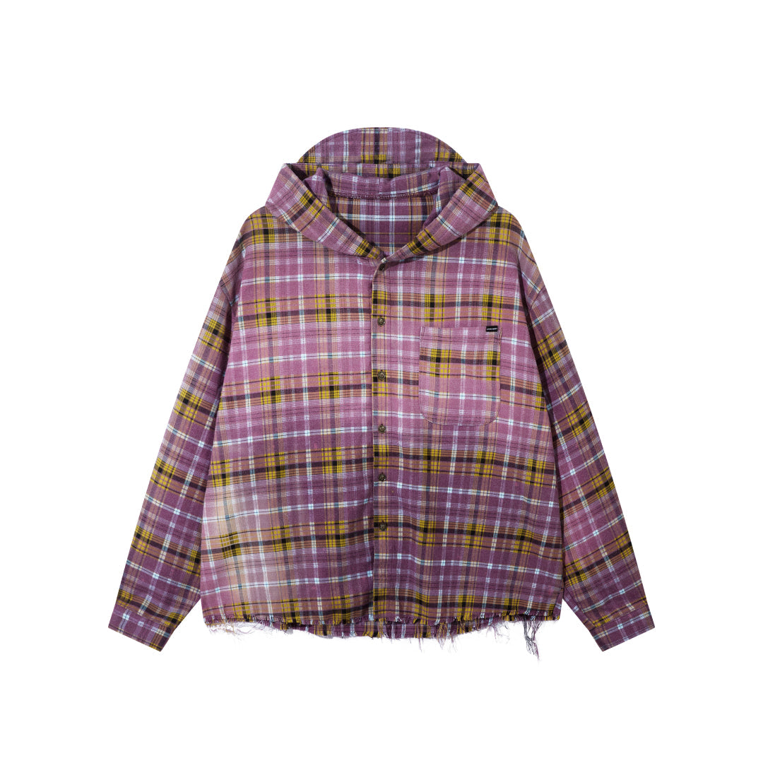 Oversized unisex flannel hoodie green-to-pink gradient plaid streetwear layering piece