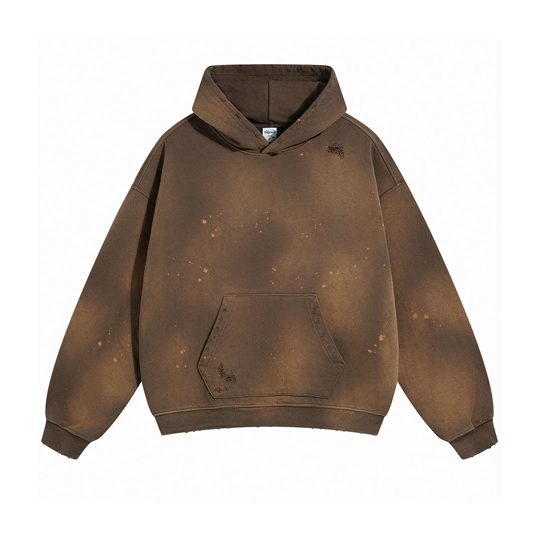 Oversized heavyweight cotton hoodie bleach drip paint splatter distressed streetwear pullover in washed tones