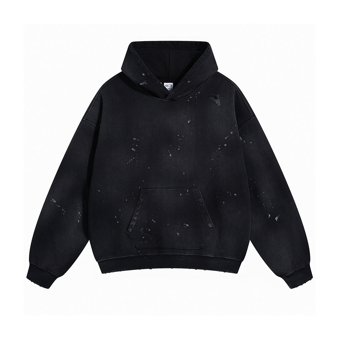 Oversized heavyweight cotton hoodie bleach drip paint splatter distressed streetwear bold urban style