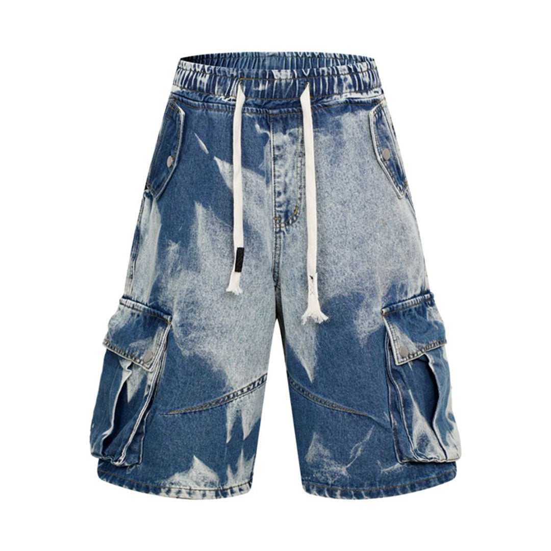 Men's light-wash denim cargo shorts loose fit elastic drawstring waist streetwear style