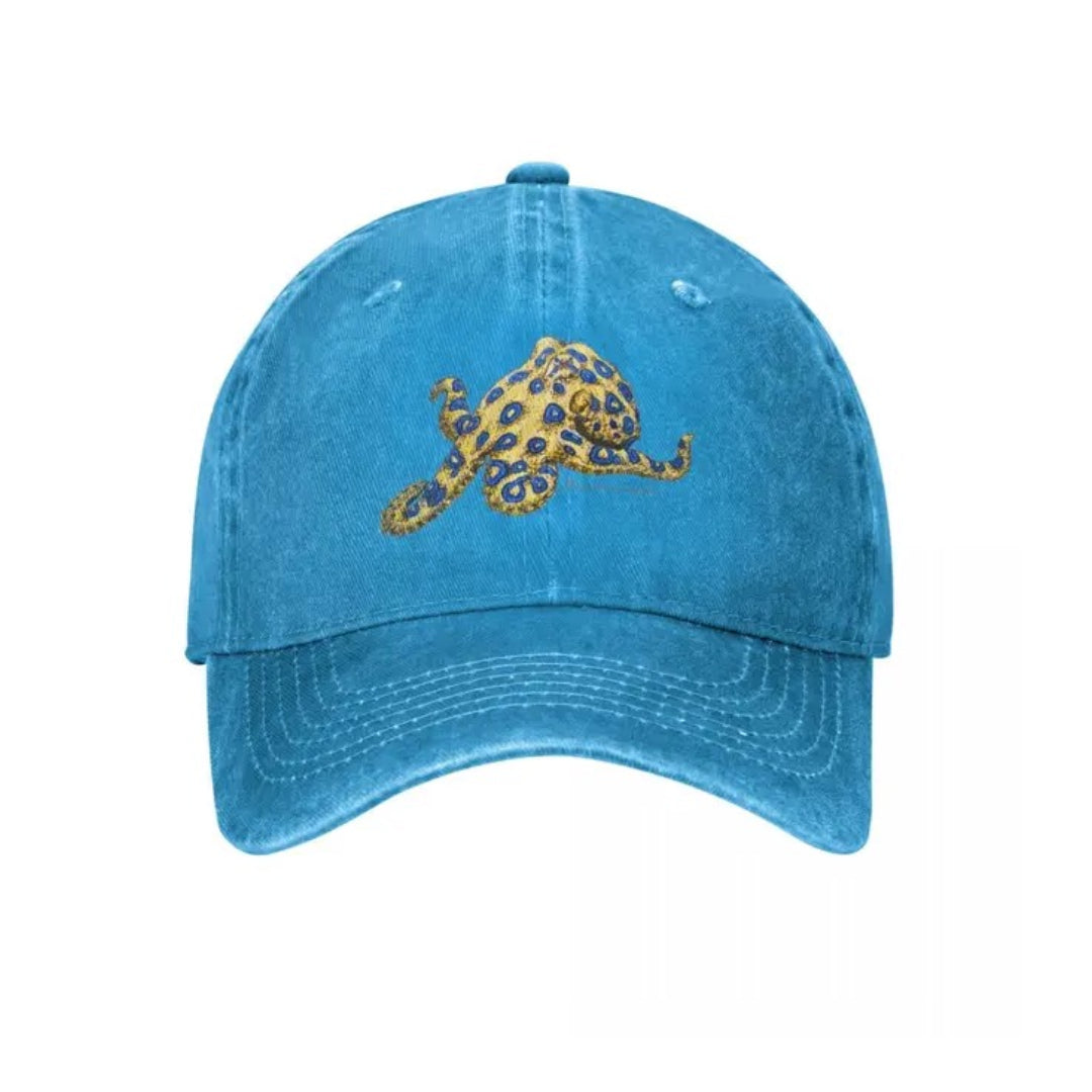 Vintage denim adjustable cotton cap with blue ringed octopus embroidery, ocean-inspired marine detail