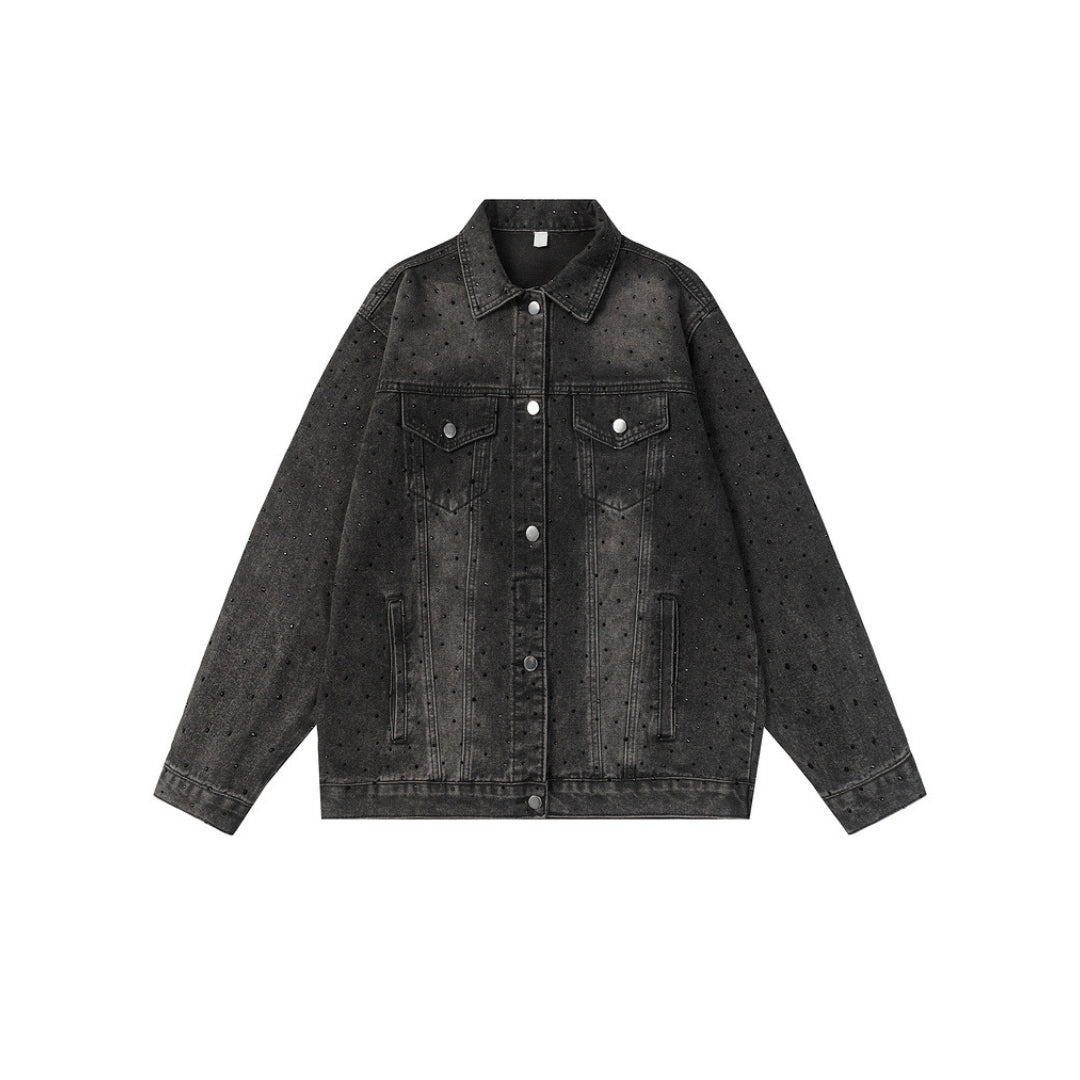 Women's washed denim jacket relaxed fit with rhinestone rivets and sparkling embellishments