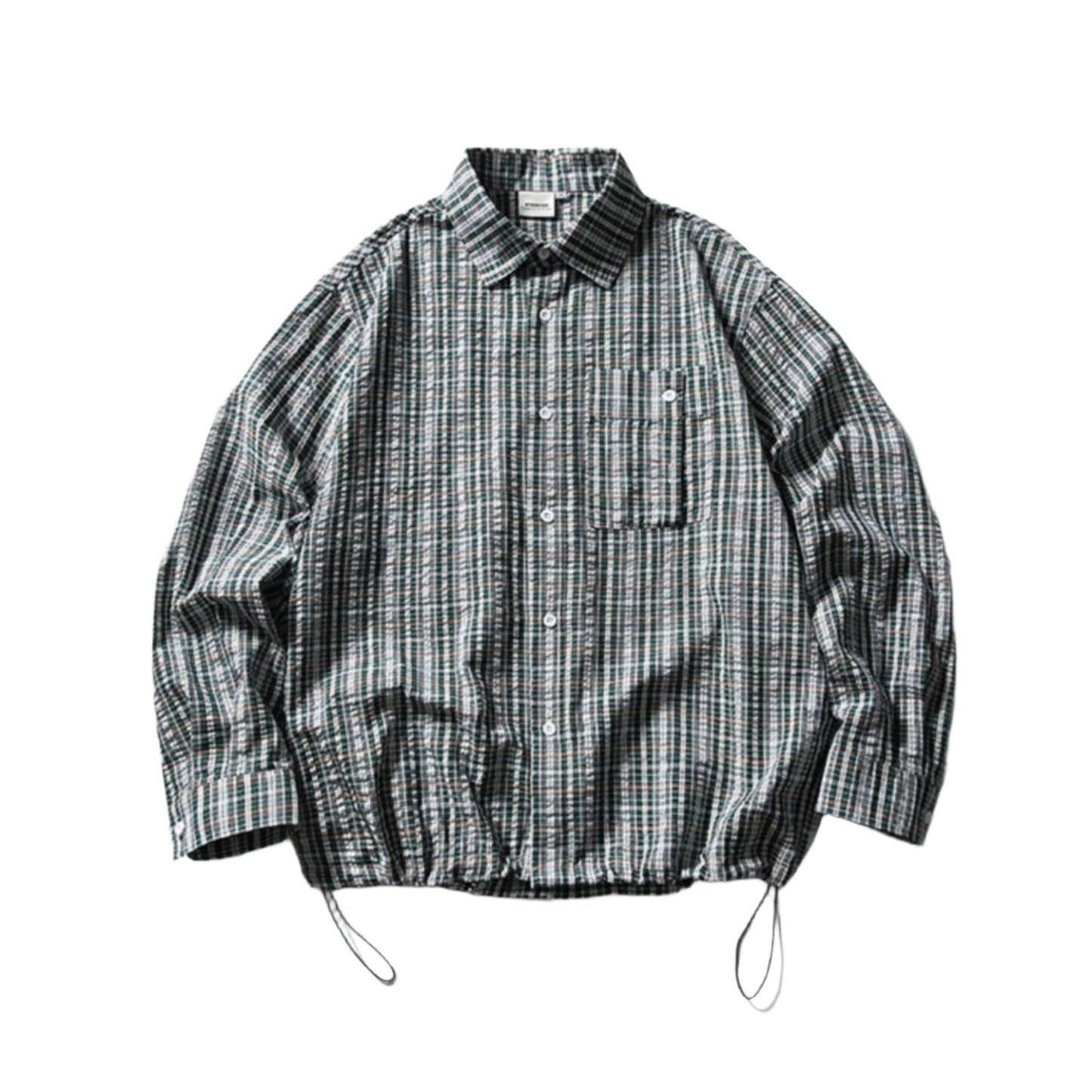 Oversized plaid cargo shirt unisex streetwear with drawstring adjustable hem in classic checkered pattern