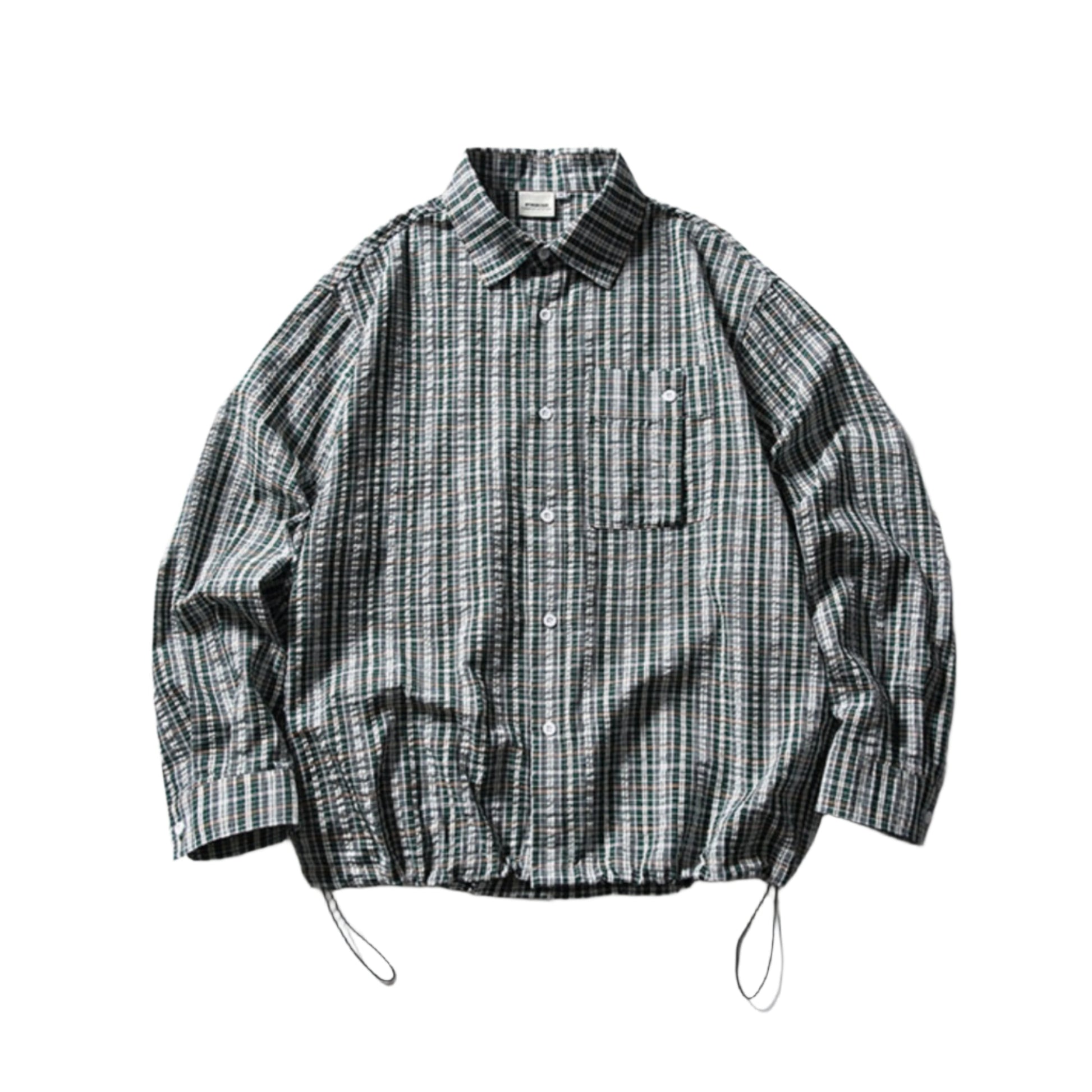 Oversized plaid cargo shirt unisex streetwear with drawstring adjustable hem in classic checkered pattern