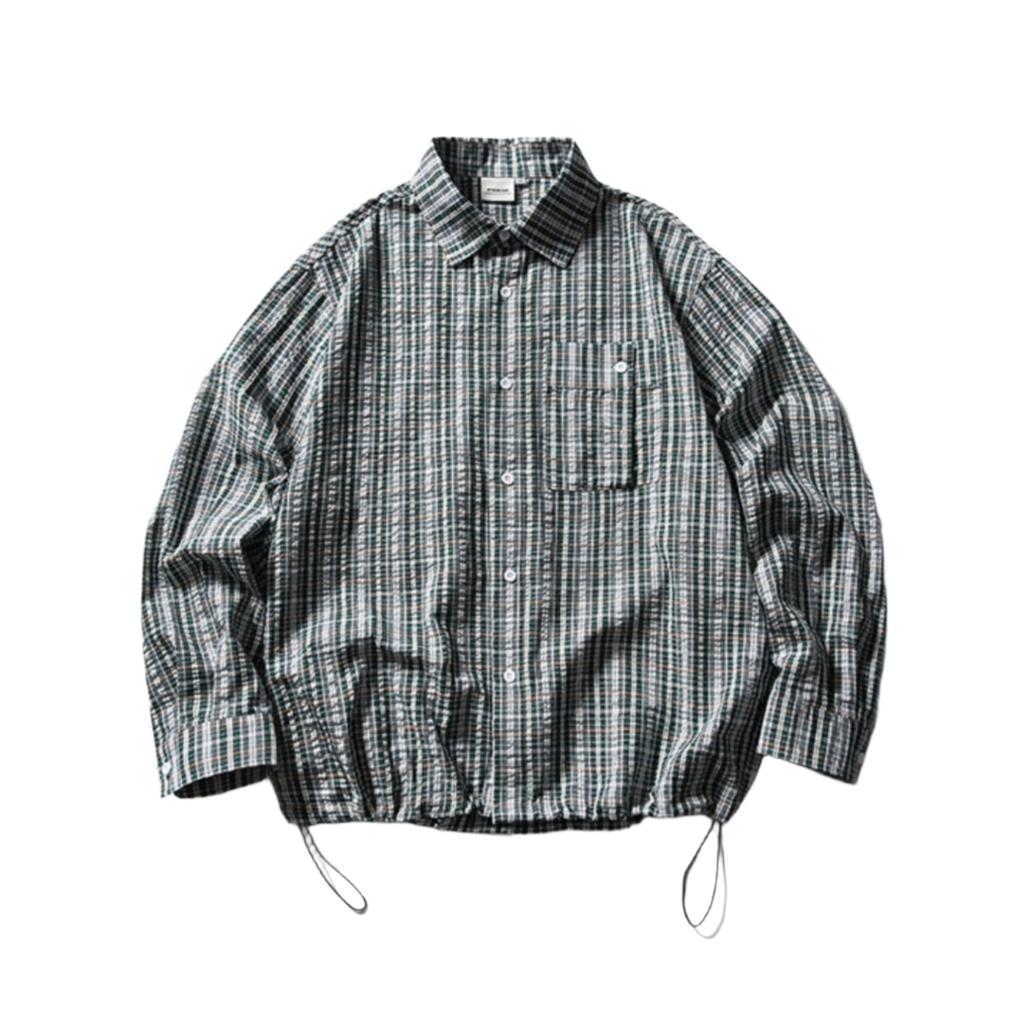 Oversized plaid cargo shirt unisex streetwear with drawstring adjustable hem in classic checkered pattern