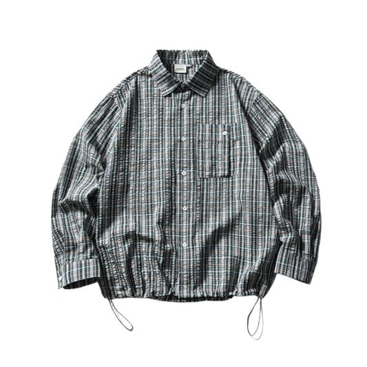 Oversized plaid cargo shirt unisex streetwear with drawstring adjustable hem in classic checkered pattern