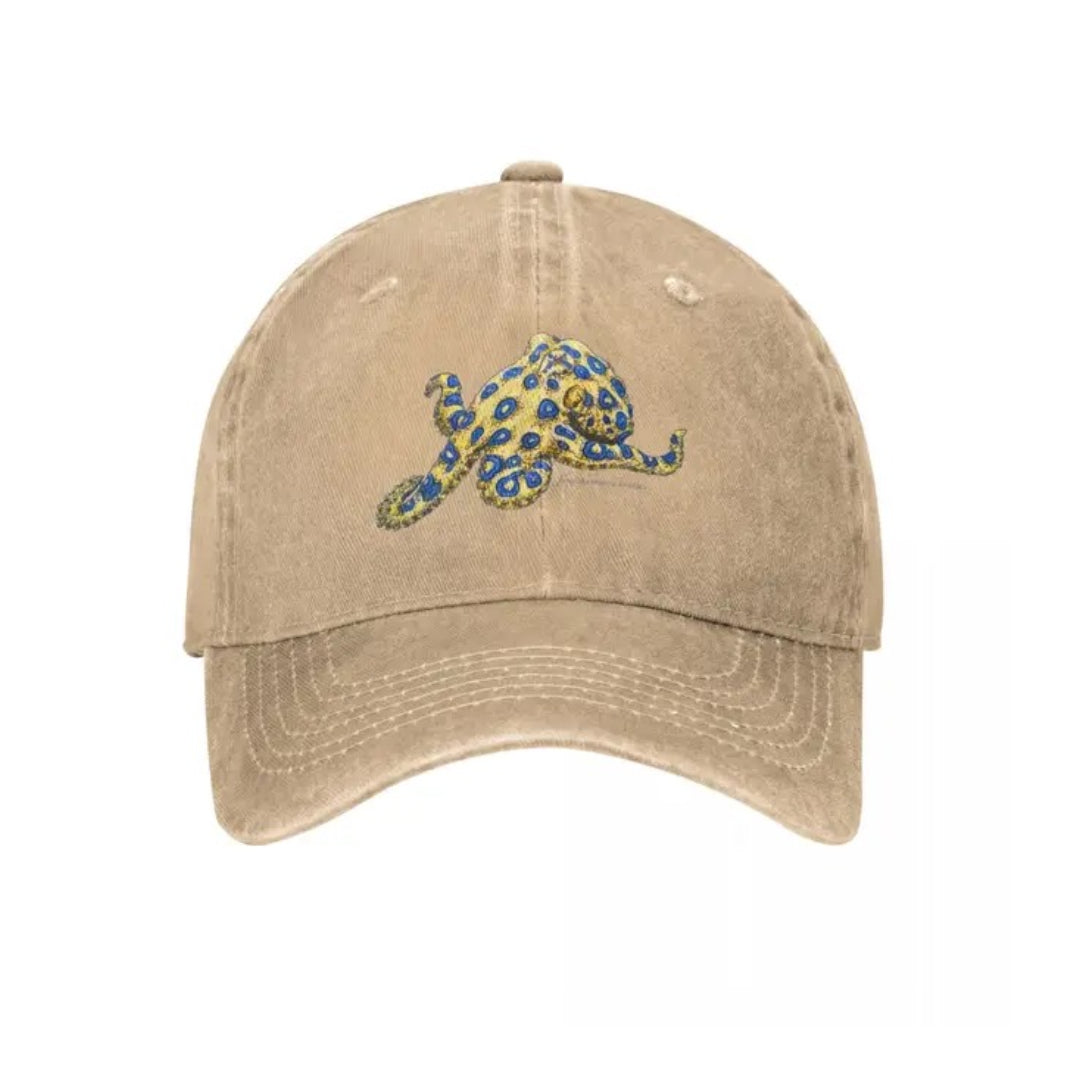 Vintage denim adjustable cap with blue ringed octopus embroidery, 100% cotton washed denim ocean-inspired hat